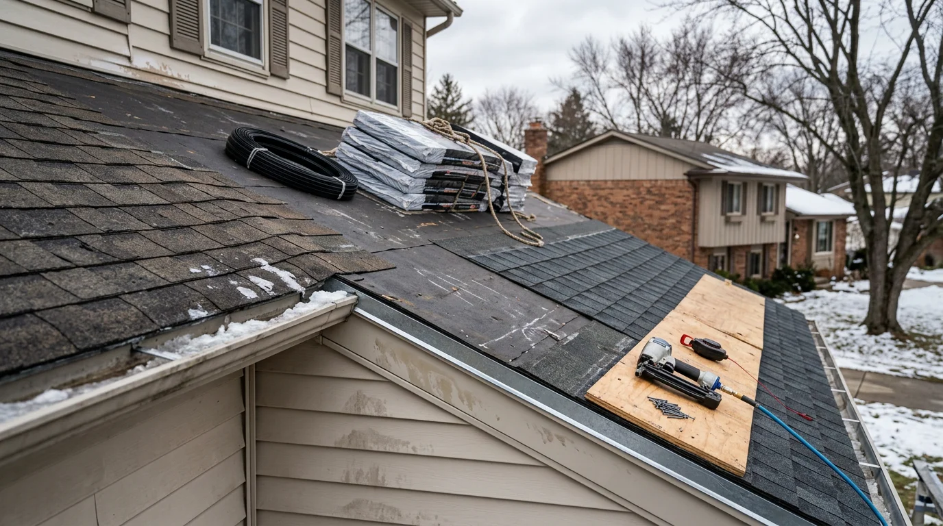 A residential home in Farmington Hills, Michigan with a newly designed roofline showing clean pitch angles and structured drainage. The exterior reflects a building design planned for Oakland County's seasonal weather demands.