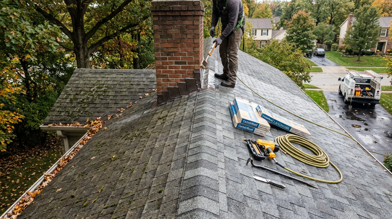 A residential roof in Farmington Hills, Michigan showing before-and-after results of professional cleaning, with dark algae streaking removed from asphalt shingles. The restored roof surface appears uniform in color with no visible moss or staining.