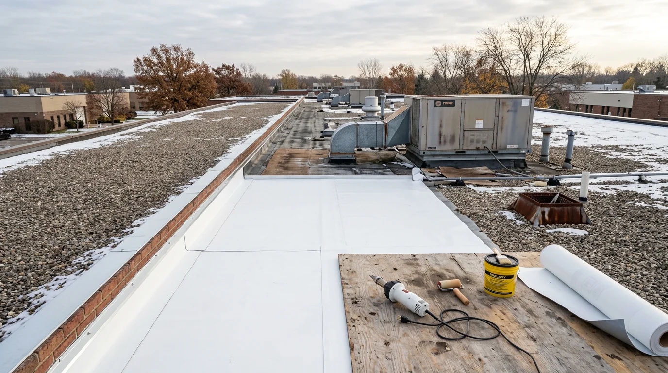 A flat commercial rooftop in Farmington Hills, Michigan showing a recently serviced low-slope membrane roof on a retail or office building. Oakland County suburban commercial district visible in the background.