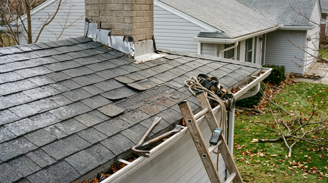 A roofing contractor from 800 New Look inspecting shingles and flashing on a residential roof in Farmington Hills, Michigan. Close-up view showing granule loss and lifted shingle edges consistent with wind and hail damage common in Oakland County.