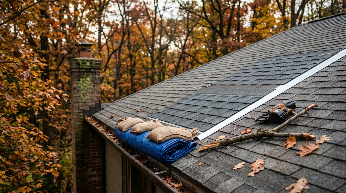 A repaired residential roof in Farmington Hills, Michigan, showing replaced shingles and resealed flashing on a home surrounded by mature trees. Close-up view of the completed repair area against a typical Oakland County neighborhood backdrop.