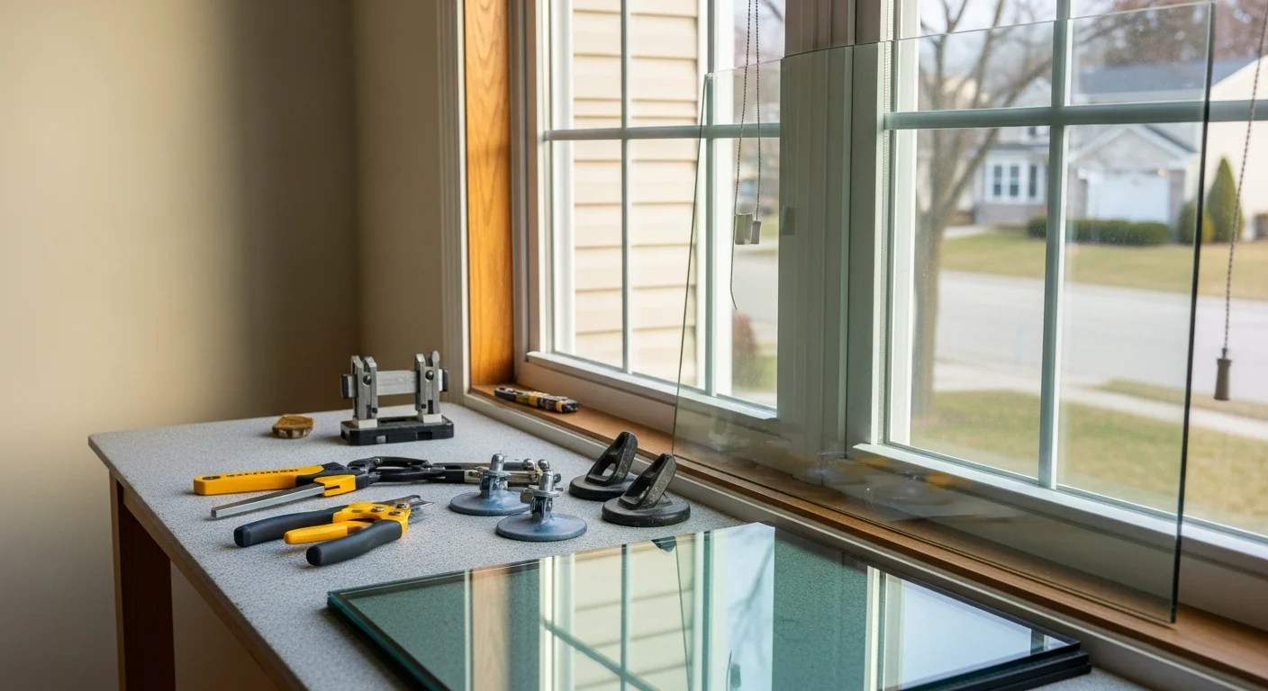 A Farmington Hills residential window with freshly installed replacement glass, showing a clean sealed frame on a single-family home exterior. A technician from 800 New Look stands beside the completed window in a residential neighborhood setting.