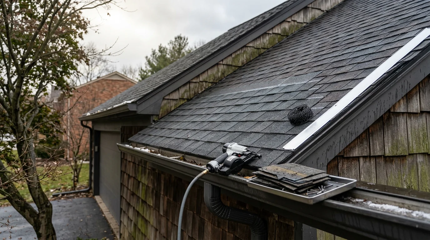 A damaged residential roof in Farmington Hills, Michigan showing missing shingles and exposed decking after a storm. A roofing crew from 800 New Look applies protective material to the affected area during an emergency repair.