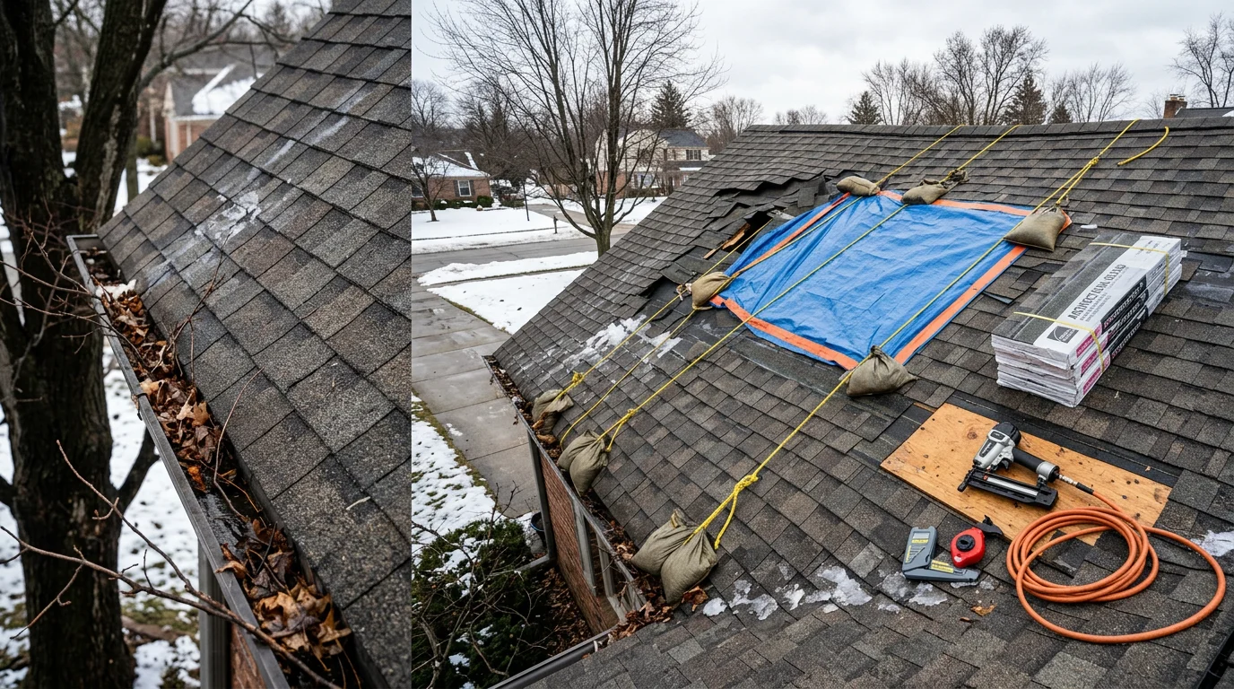 Storm-damaged residential roof in Farmington Hills, Michigan showing missing shingles and exposed decking after a severe wind event. A roofing contractor inspects the damage from the roof surface with mature trees visible in the background.