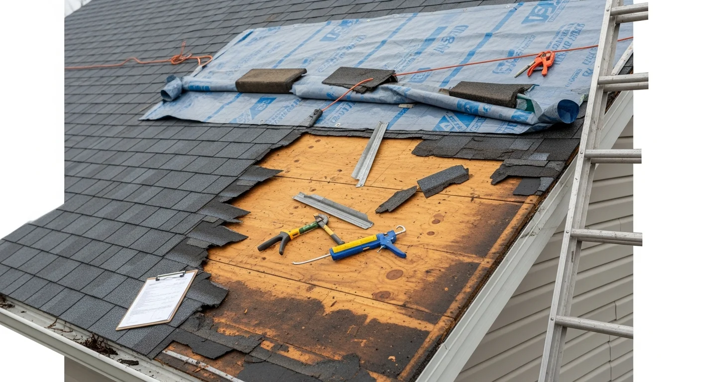 A Farmington Hills residential roof with storm-damaged shingles being assessed by a 800 New Look roofing contractor after a Michigan wind and hail event. Close-up view shows lifted shingles and exposed decking along the roof edge.