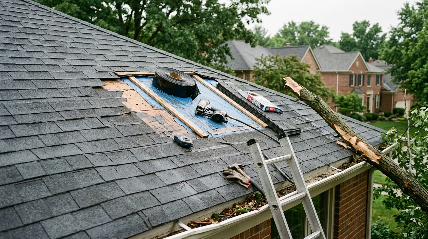 A Farmington Hills residential roof showing storm damage with missing shingles and a temporary protective tarp secured over the affected section. An 800 New Look crew member inspects the roof surface following a severe Michigan thunderstorm.