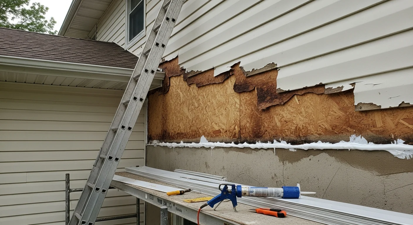 A Farmington Hills residential home exterior showing a section of cracked and separated siding panels after storm damage, with a contractor inspecting the exposed wall sheathing. Replacement siding materials are staged on the ground beside the home.