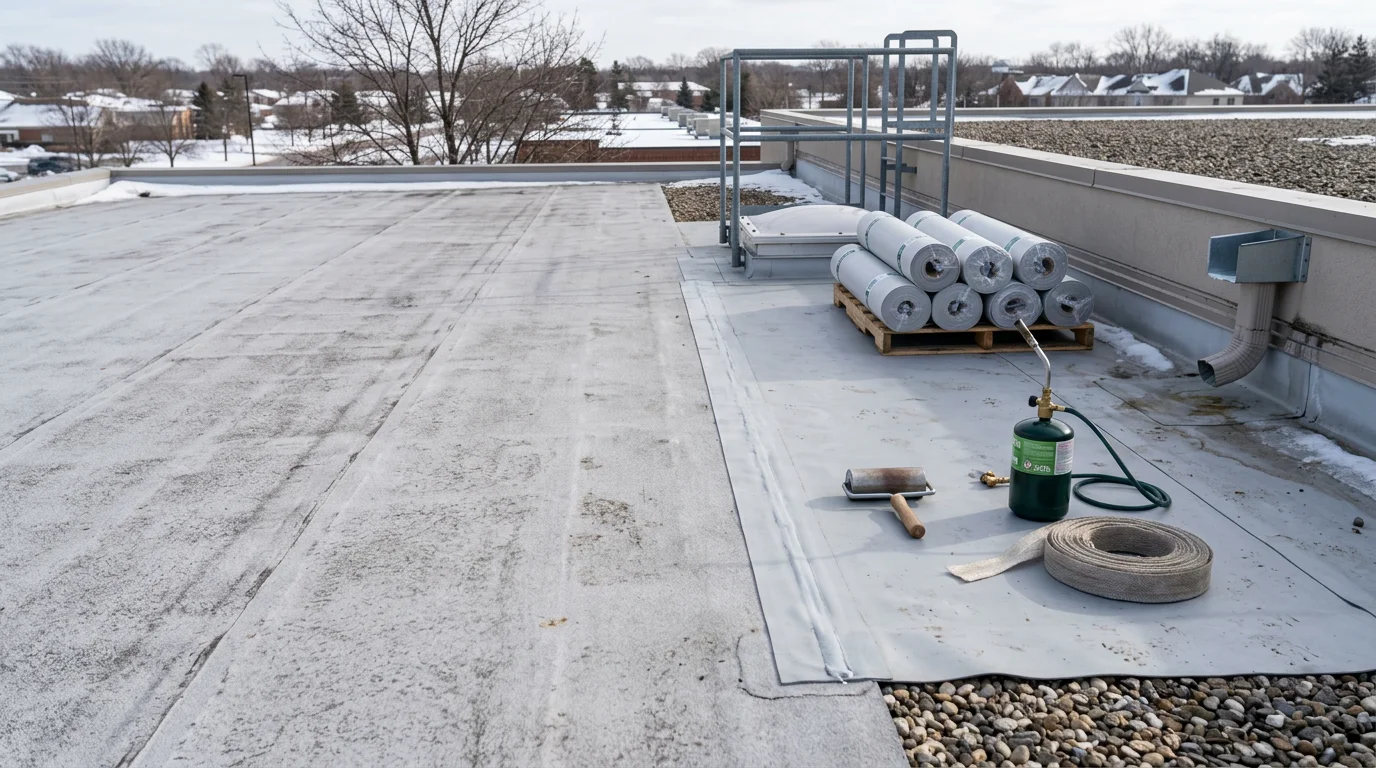 A flat roof on a residential property in Farmington Hills, Michigan, showing a smooth, fully sealed membrane surface with clear drainage points and no visible ponding or damage. A roofing crew from 800 New Look inspects the flashing along the roof edge.