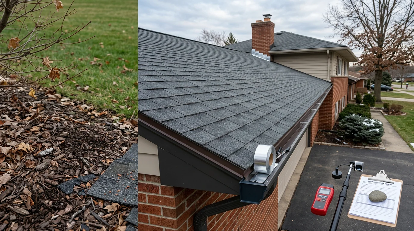 A 800 New Look roofing contractor inspecting the roof of a residential home in Farmington Hills, Michigan. The image shows a close-up view of roof sections being assessed during a free estimate visit.