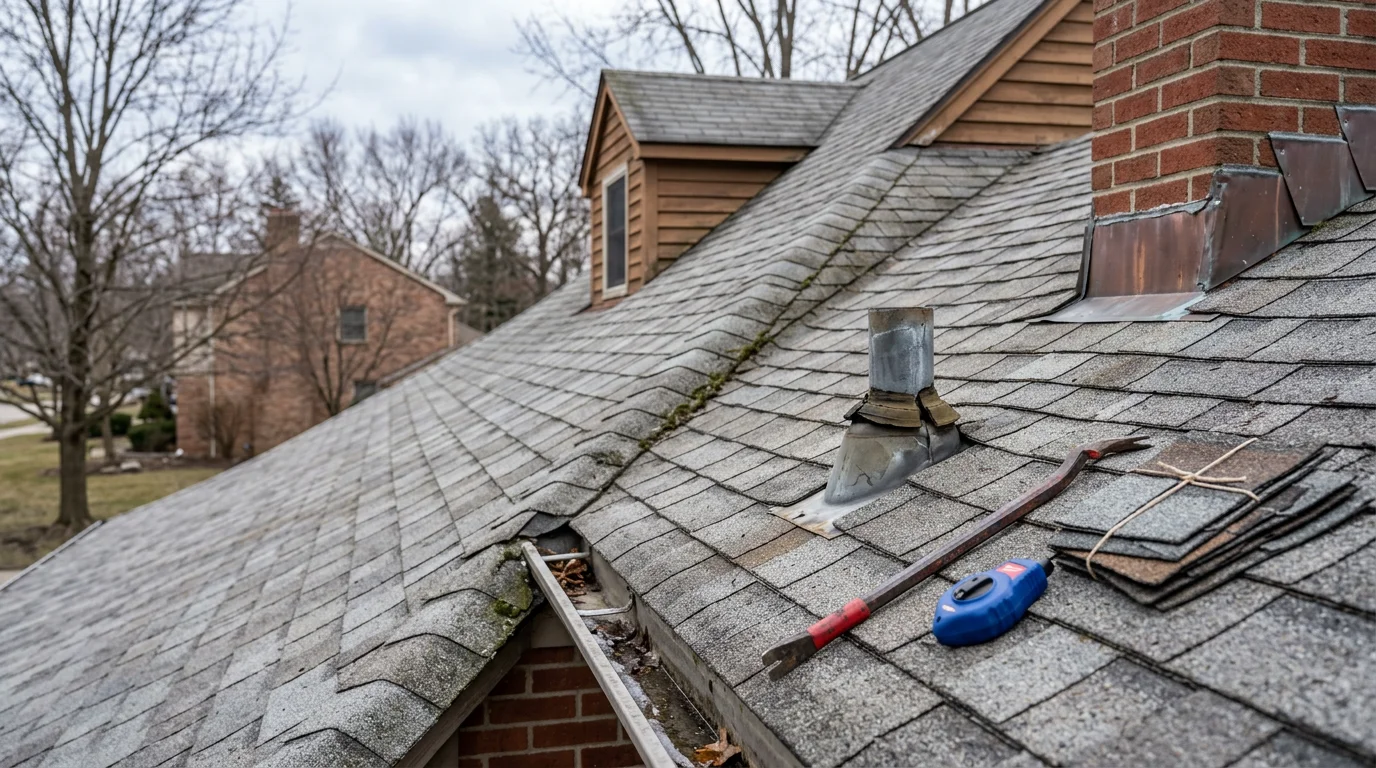 A roofing contractor from 800 New Look inspecting shingles and flashing on a residential roof in Farmington Hills, Michigan. The inspector examines the roof surface up close during a free roof inspection visit.