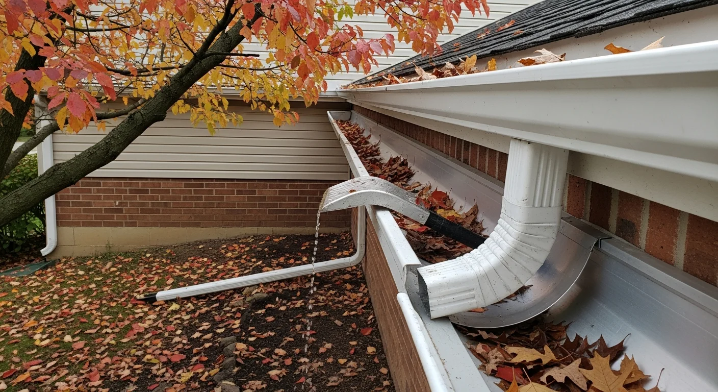 A technician from 800 New Look removing packed leaf debris and seed pods from a residential gutter on a colonial-style home in Farmington Hills, MI. The cleaned gutter channel and cleared downspout opening are visible against the home's fascia board.