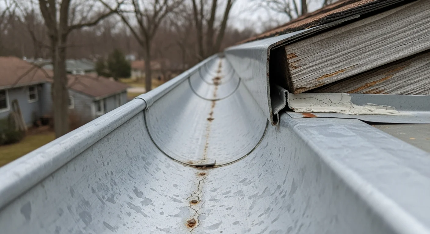 A gutter technician inspecting the joints and downspout connections along the roofline of a single-family home in Farmington Hills, Michigan. The image shows a close-up view of the gutter run with visible hanger hardware and a downspout outlet being checked for proper drainage.