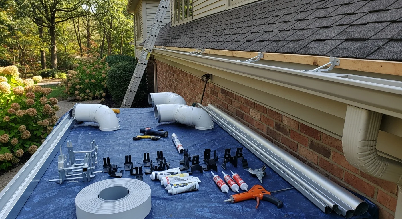 Newly installed seamless gutters and downspouts along the roofline of a two-story colonial home in Farmington Hills, Michigan. The downspout extends away from the foundation toward the lawn on a residential street with mature trees.