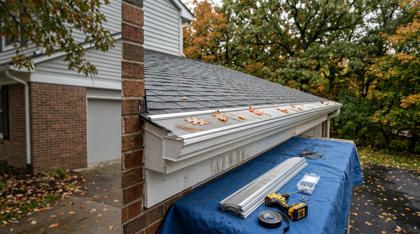 Close-up view of a gutter protection system installed along the roofline of a residential home in Farmington Hills, Michigan, with autumn leaves resting on top of the guard while the gutter channel below remains clear.