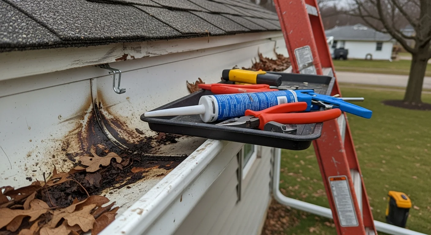 A gutter repair technician re-securing a sagging aluminum gutter section on a two-story residential home in Farmington Hills, MI. The repaired run shows a clean fascia attachment with no visible gaps or overflow staining on the siding below.