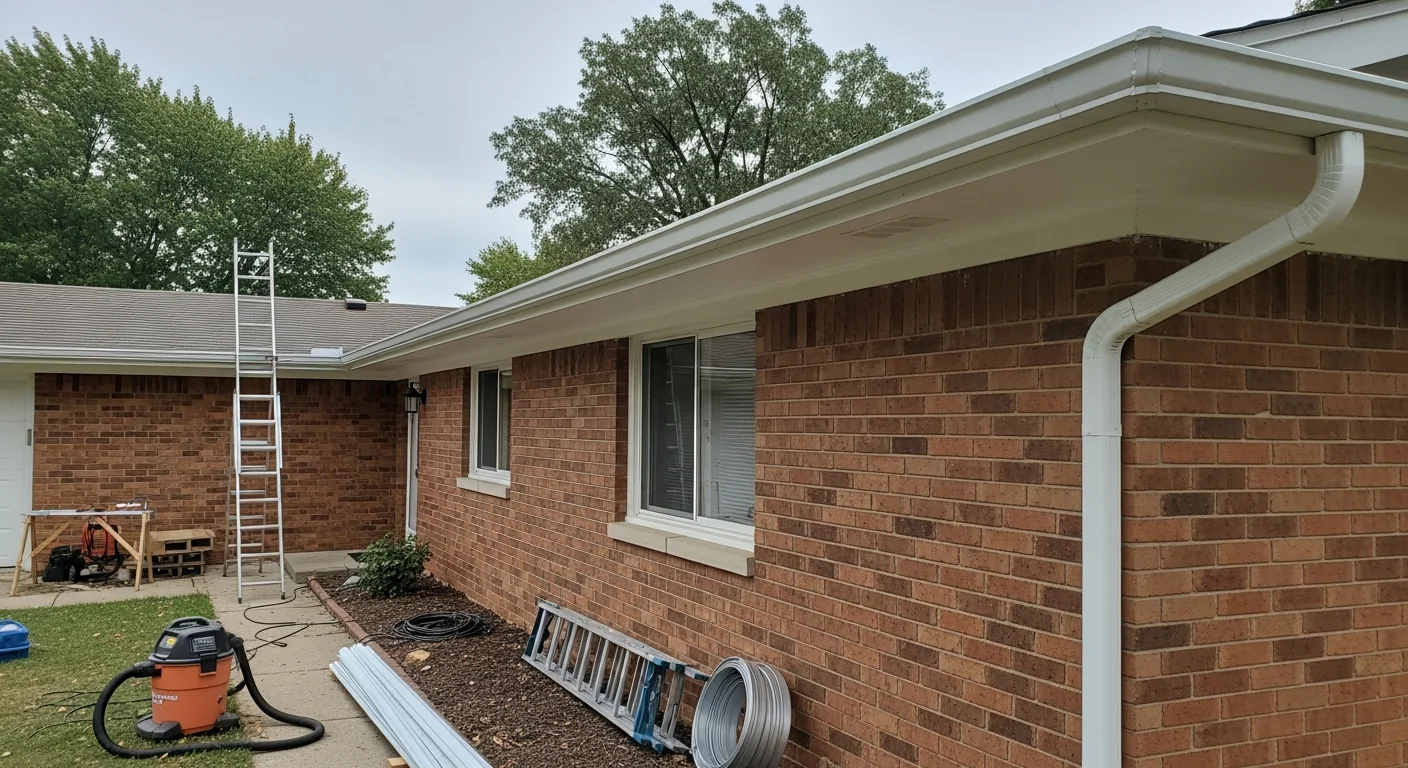 New gutters installed along the roofline of a single-family home in Farmington Hills, Michigan, with a downspout directing water away from the foundation. The surrounding yard shows typical Oakland County suburban landscaping with mature trees.