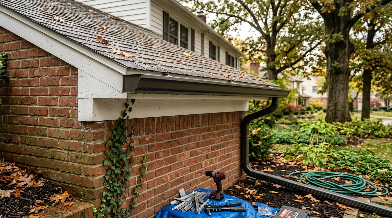 A roofing contractor inspecting a residential gutter and downspout system on a home in Farmington Hills, Michigan. The image shows a clean gutter channel secured to the fascia with a downspout running along the exterior wall.