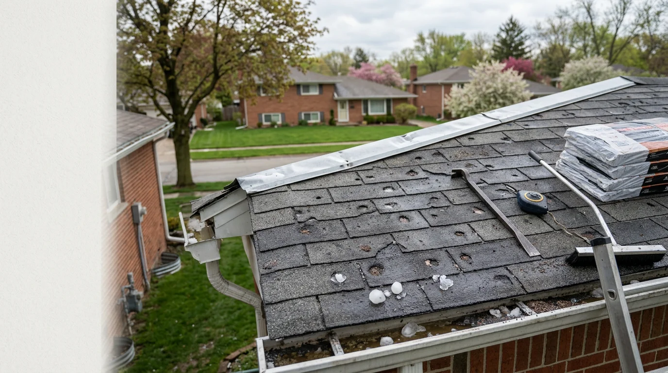A roofing contractor inspecting hail-damaged shingles on a residential roof in Farmington Hills, Michigan, with visible granule loss and impact marks across the surface.