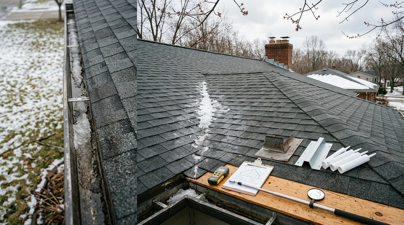 A roofing contractor from 800 New Look inspecting shingles and flashing on a residential roof in Farmington Hills, Michigan. The inspector examines the roof surface and chimney flashing up close during a clear-weather initial inspection.