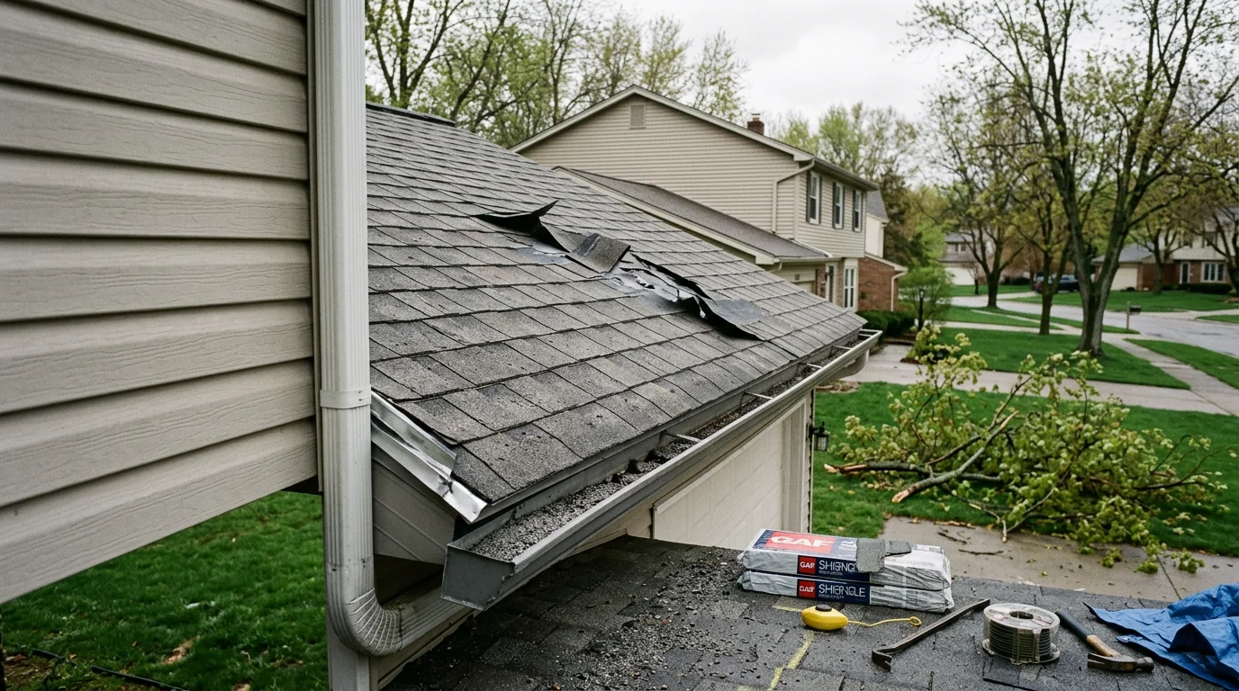 A roofing contractor inspecting storm-damaged shingles on a residential roof in Farmington Hills, Michigan, with visible hail impact marks and lifted flashing documented for an insurance claim.