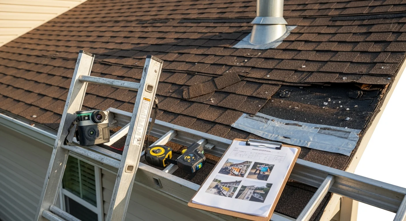 A Farmington Hills residential roof showing hail impact marks and lifted shingles after a storm, with a roofing contractor documenting damage from the roof surface. Close-up view of an insurance roof claim inspection in progress on a suburban Oakland County home.