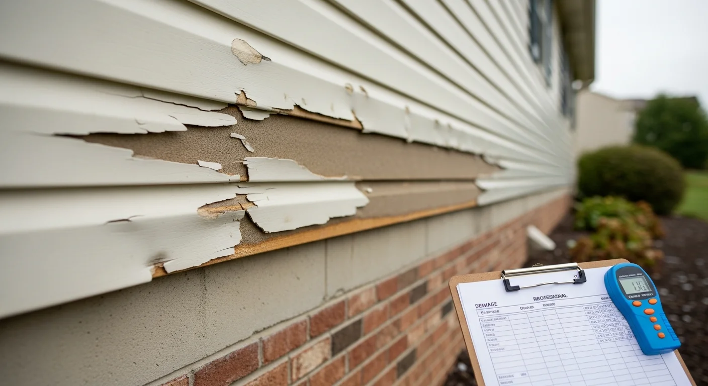 Storm-damaged siding on a Farmington Hills home showing hail impact marks and cracked panels along the front exterior. A 800 New Look contractor inspects and documents the damage for an insurance claim.