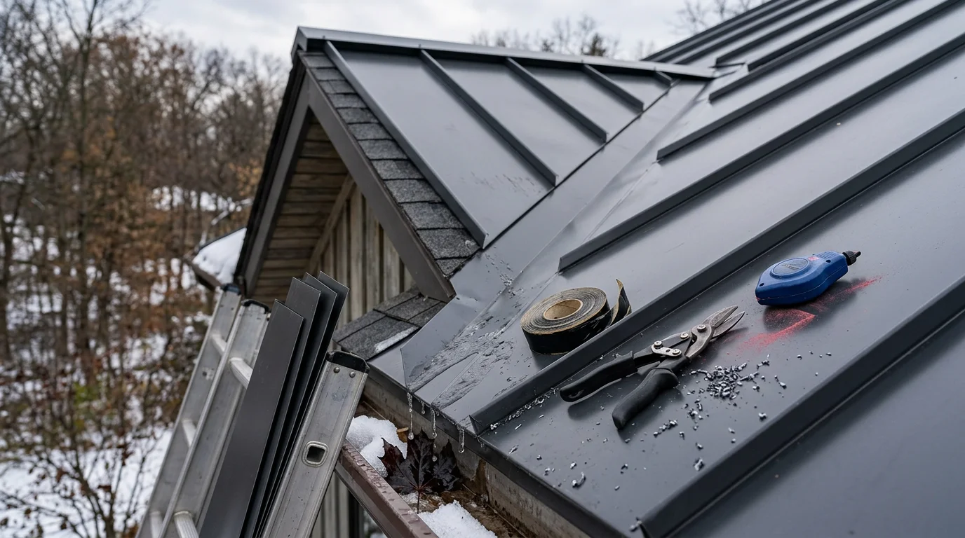 Completed metal roof installation on a residential home in Farmington Hills, Michigan, showing clean standing seam panels under a clear sky. The finished roof covers the full structure with no visible gaps or damage.