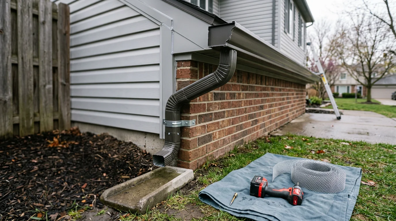 Newly installed gutters on a residential home in Farmington Hills, Michigan, with downspouts routed away from the foundation along a tree-lined suburban street. Close view shows clean gutter channels secured to the fascia with no visible gaps or sagging.