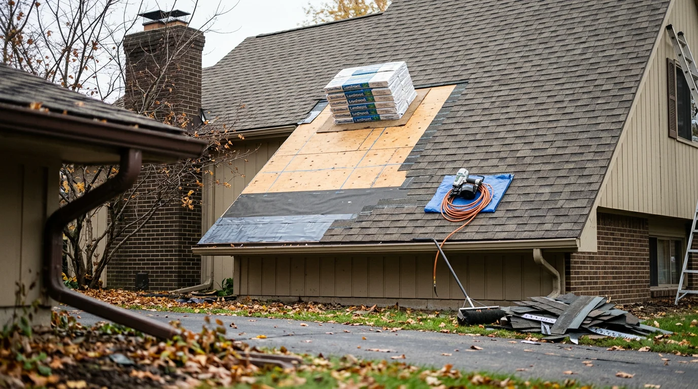 A residential roof in Farmington Hills, Michigan showing completed shingle replacement on a two-story colonial home with repaired chimney flashing visible against a clear sky. Fresh roofing materials contrast with the home's mature tree-lined lot typical of Oakland County neighborhoods.