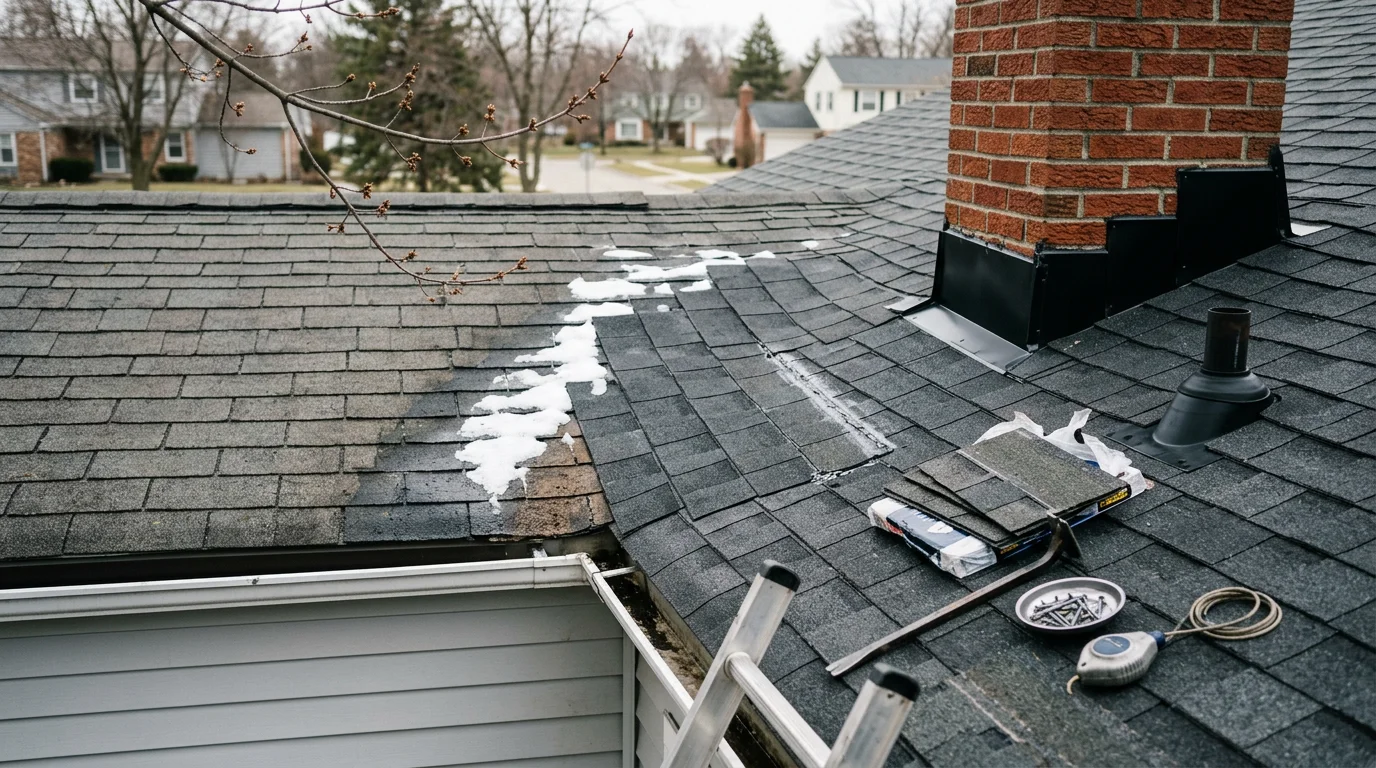 A residential rooftop in Farmington Hills, Michigan showing repaired shingles and sealed flashing around a chimney. The surrounding neighborhood features mature trees and typical Oakland County single-family homes.