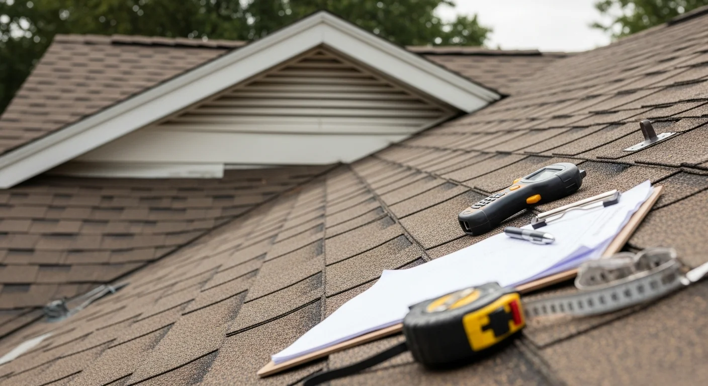 A roofing contractor from 800 New Look inspecting shingles and flashing on a residential colonial-style home in Farmington Hills, Michigan. Close-up view of the roof surface showing wear patterns consistent with Michigan freeze-thaw seasonal exposure.
