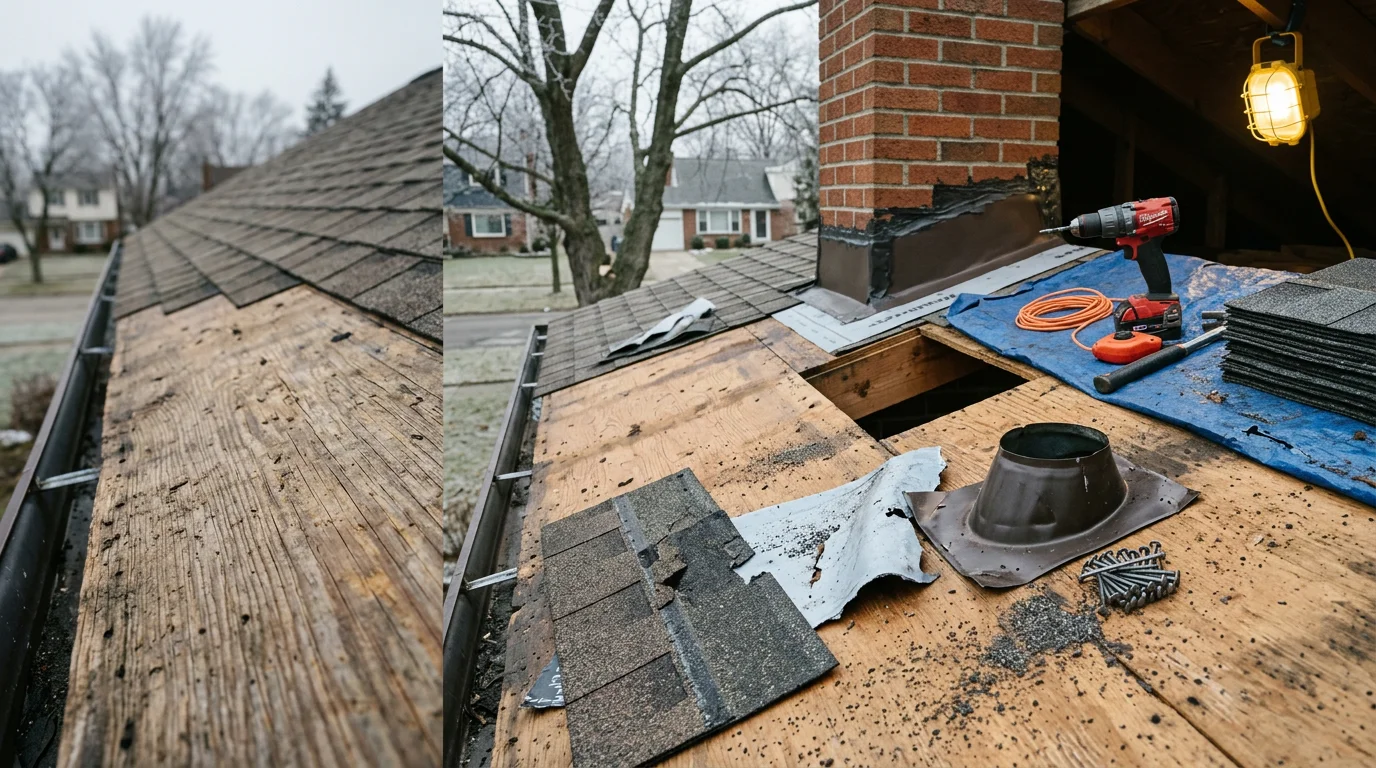 A Farmington Hills rooftop showing a roofer inspecting cracked flashing around a chimney after winter weather. Close-up view of a roof leak repair in progress on an Oakland County home.
