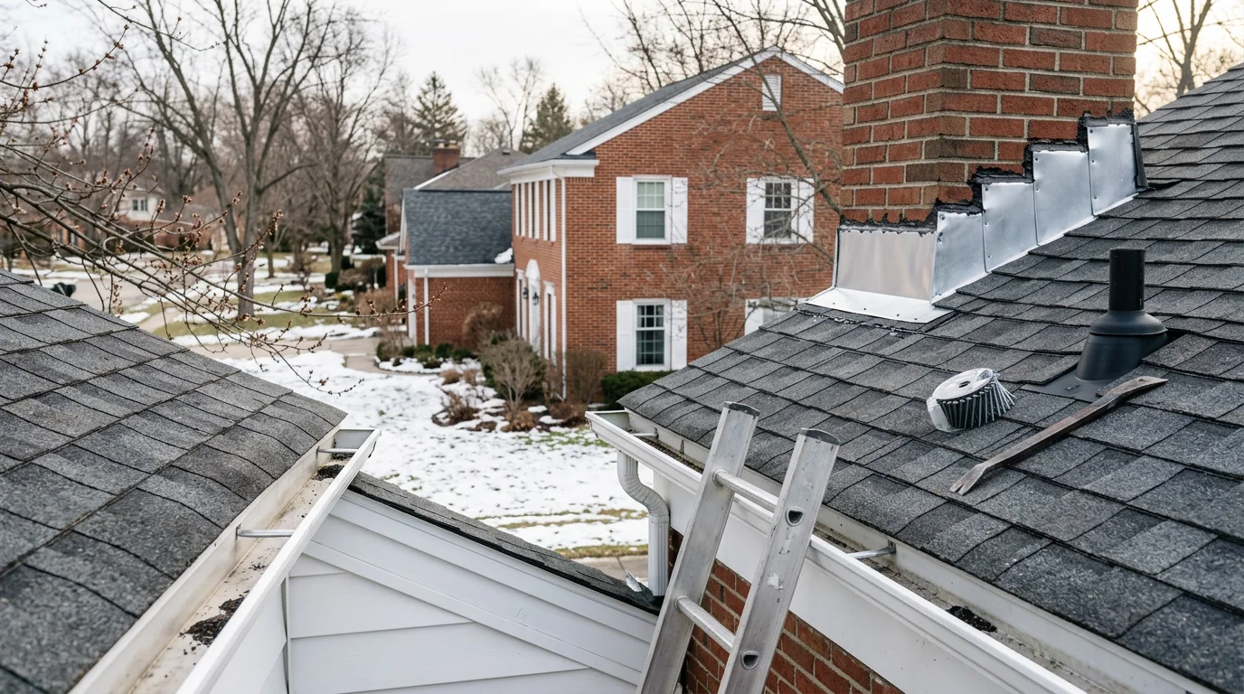 A roofing contractor inspecting shingles and flashing on a residential home in Farmington Hills, Michigan. Close-up view of roof surface showing gutter line and chimney flashing during a routine maintenance check.