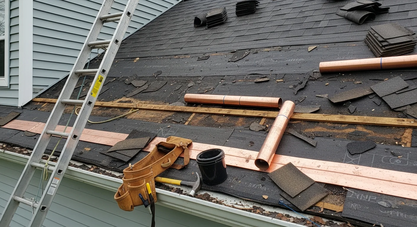 A Farmington Hills residential roof showing completed shingle repair on a two-story suburban home with a steep-pitch roofline. Repaired sections blend with the surrounding field of asphalt shingles under overcast Michigan sky.