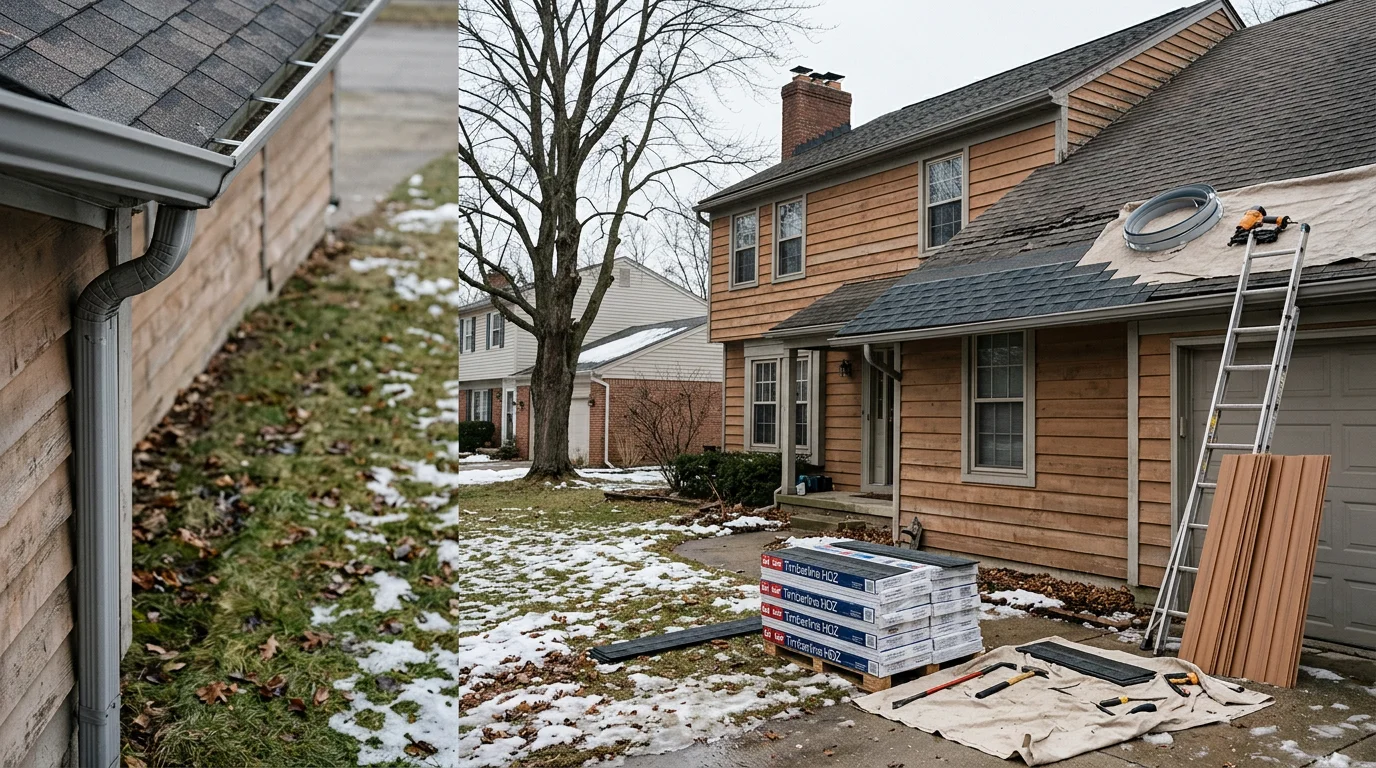 A roofing contractor repairing damaged shingles on a colonial-style home in Farmington Hills, Michigan, with repaired siding panels visible along the exterior wall. Close-up view shows fresh shingle sections replacing storm-lifted areas on a residential roof in an Oakland County neighborhood.