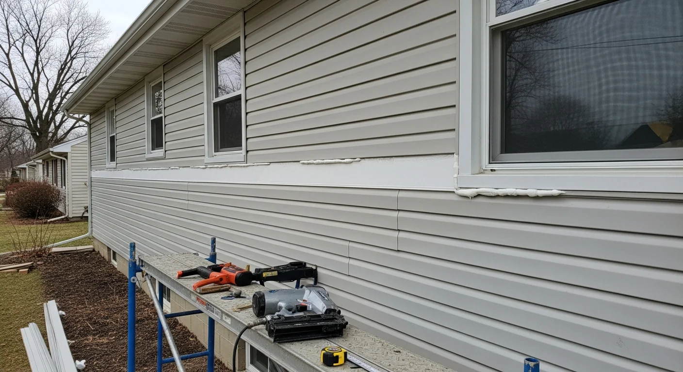 Newly installed siding on a two-story residential home in Farmington Hills, Michigan, showing clean panel lines and a finished soffit and fascia detail. The exterior reflects a completed full siding replacement on a 1980s-era Oakland County home.