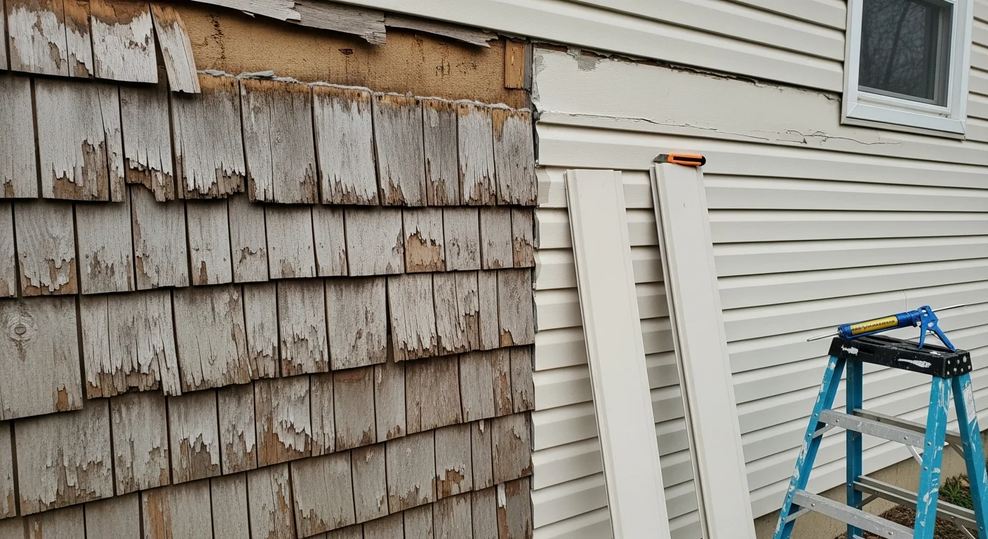 A Farmington Hills home exterior showing freshly repaired siding panels with sealed seams and matched trim along the front facade. The repair blends with the surrounding original siding on a residential street in Oakland County, Michigan.