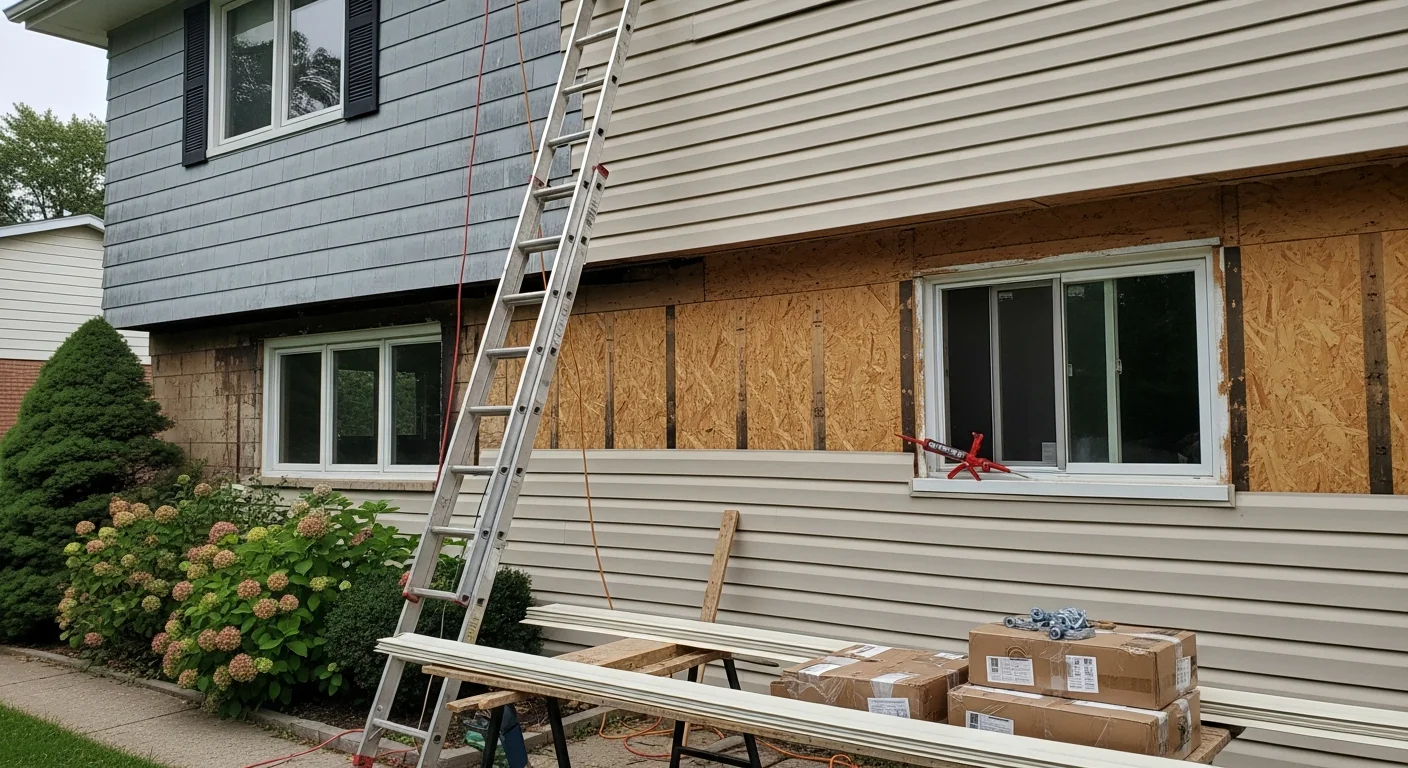 Freshly installed exterior siding on a two-story residential home in Farmington Hills, Michigan, with clean panel lines and updated trim around the windows. The completed replacement shows uniform color and tight seams typical of a full exterior cladding project on an Oakland County home.