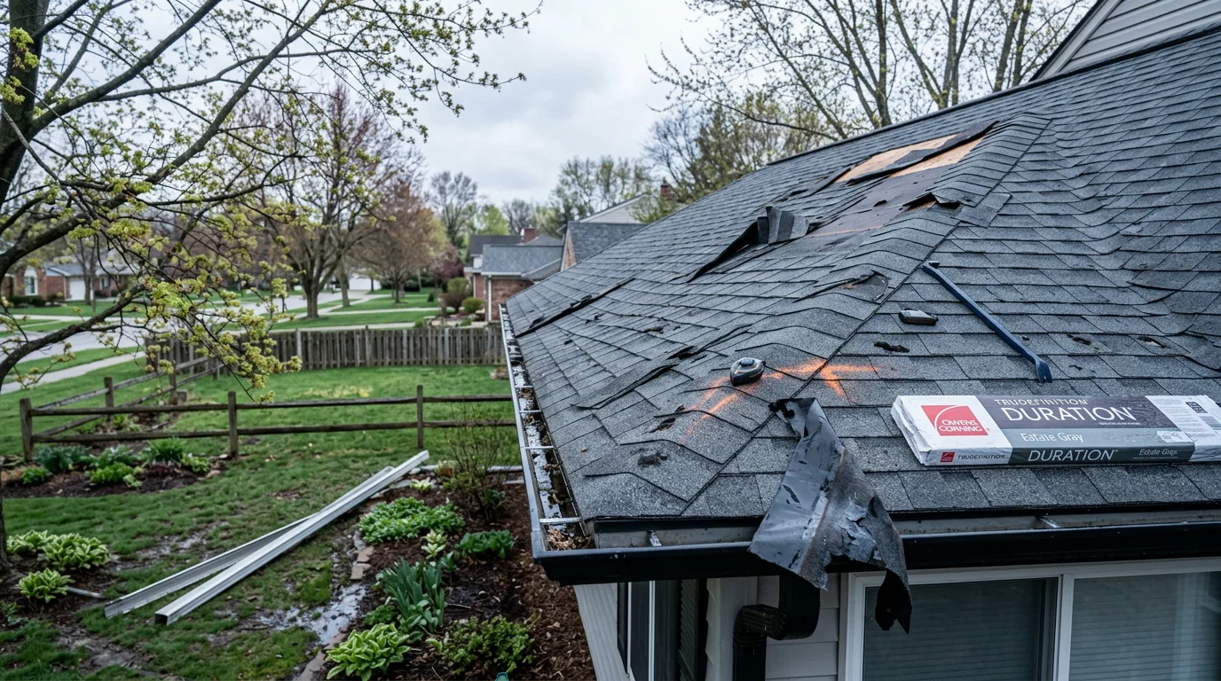 A Farmington Hills residential roof showing storm damage including lifted shingles and granule loss after a severe Michigan wind and hail event. A roofing contractor from 800 New Look inspects the damage from the roof surface.
