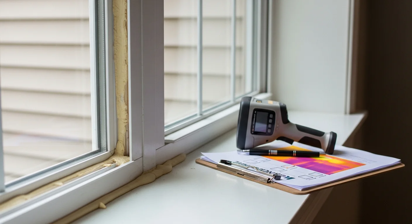A window contractor from 800 New Look inspecting a residential window frame and seal on a home in Farmington Hills, Michigan. The inspector examines the sill and glazing for signs of moisture damage and seal failure.