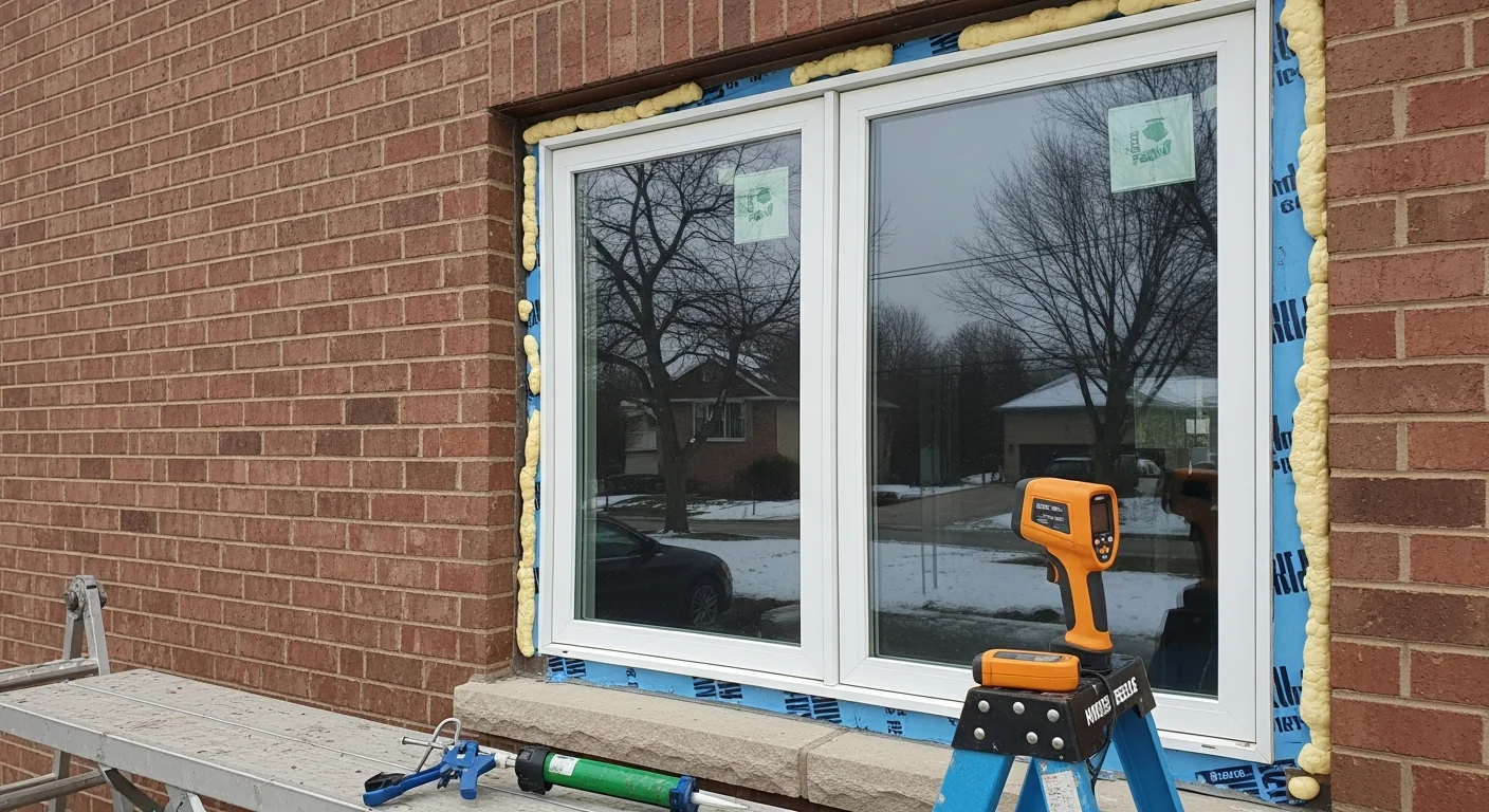 A Farmington Hills residential home exterior showing newly installed replacement windows with clean frames and clear glass. The installation is complete with finished trim and no visible gaps along the frame edges.