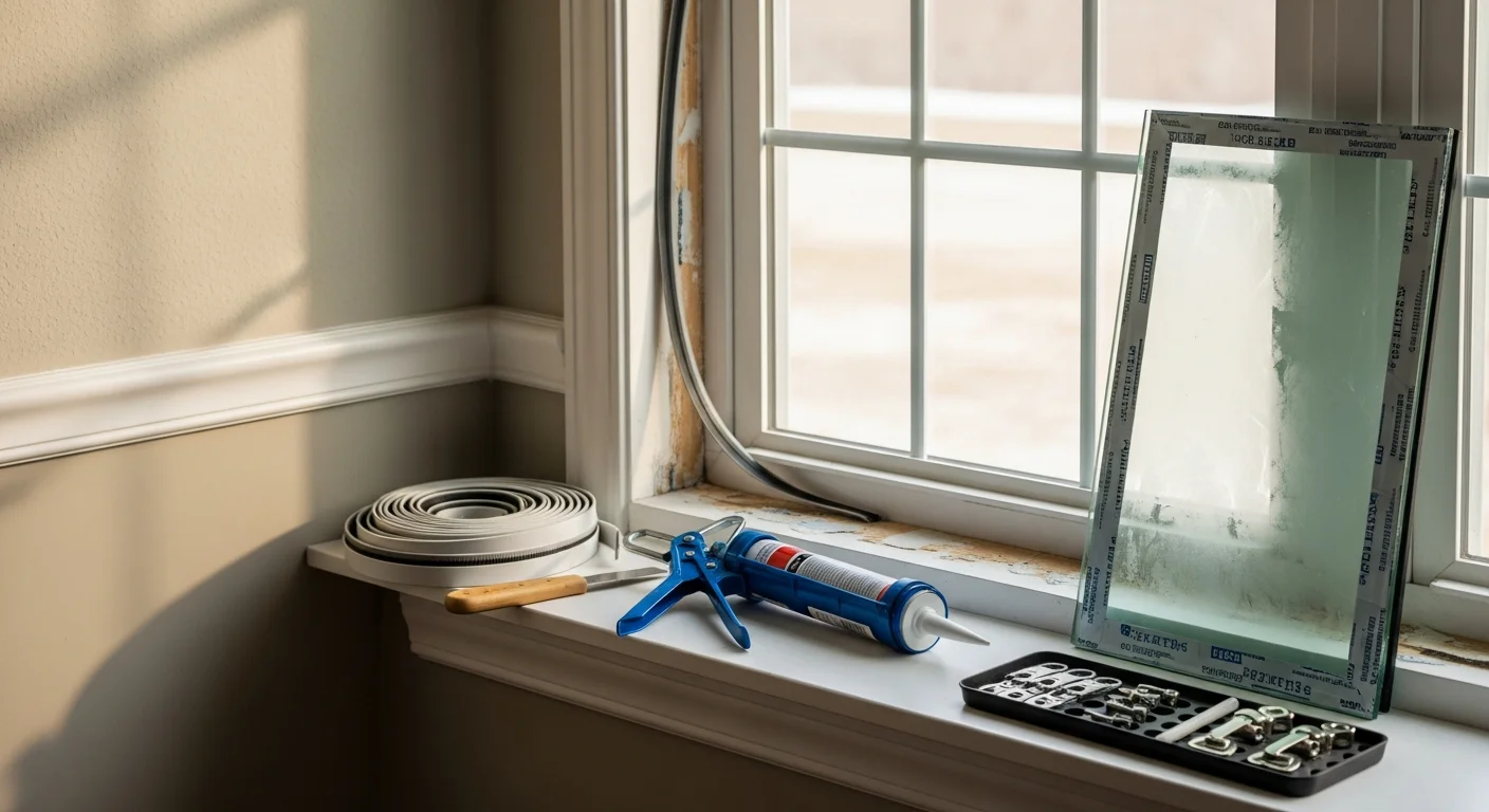 A repaired double-hung window on a residential home in Farmington Hills, Michigan, showing a clear glass pane and properly seated frame after seal and sash restoration. A window contractor from 800 New Look inspects the finished repair from the exterior.