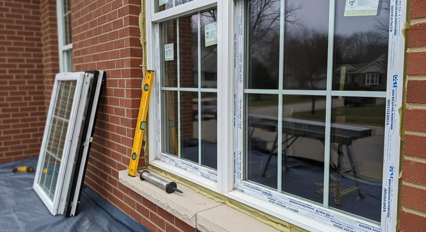 A Farmington Hills home with newly installed replacement windows showing clean frames, clear glass, and finished exterior trim. The installation is complete on a two-story colonial-style house typical of Oakland County residential neighborhoods.